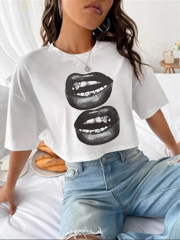 Women's Lip Print Round Neck Tee, Fashion Casual Crew Neck T-Shirt for Daily Holiday Vacation Outdoor Wear, Ladies...