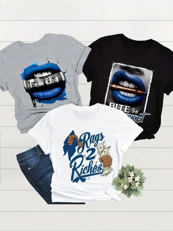 Women's Lip Print Short Sleeve Tee, Fashion Casual Crew Neck T-Shirt for Daily Holiday Vacation Outdoor Wear, Ladies...