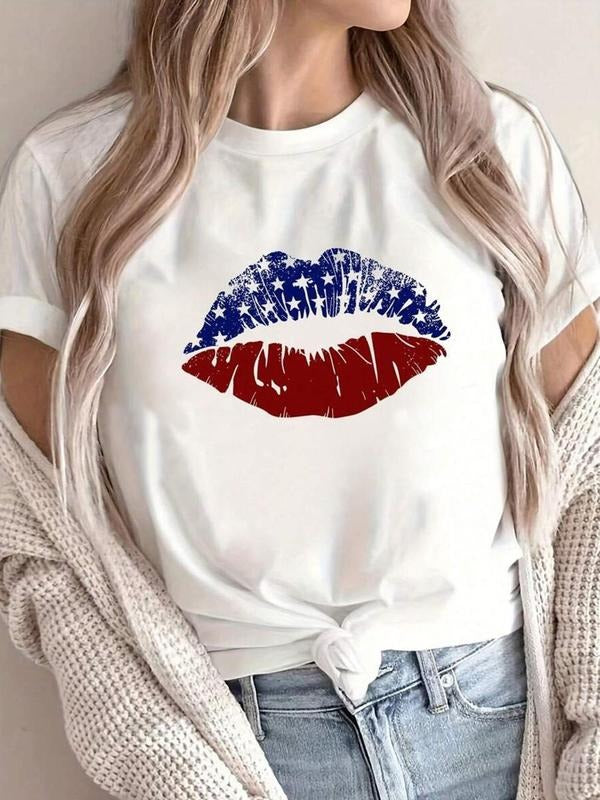 Women's Lips Print Round Neck Tee, Vintage Trendy Casual Short Sleeve T-shirt for Daily Wear, Ladies All-match Streetwear...
