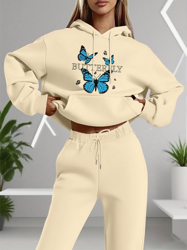 Women's Long Sleeve Hooded Sweatshirt Set, Butterfly & Leopard Print, Casual Fitted Two-Piece for Spring Fall T-Shirts,...