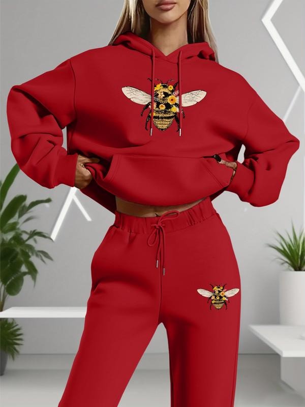 Women's Long Sleeve Hooded Sweatshirt Set, Casual Fitted Design, Cartoon Bee Print, Spring & Fall Fashion, Two-Piece...