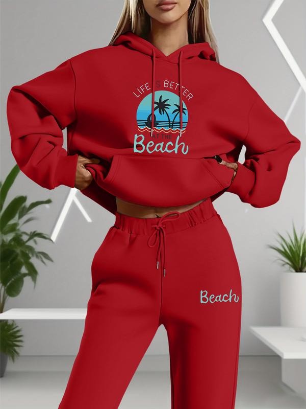 Women's Long Sleeve Hooded Sweatshirt Set, Casual Tropical Print, Fitted Regular Length, Spring & Fall Fashion, Pocket...