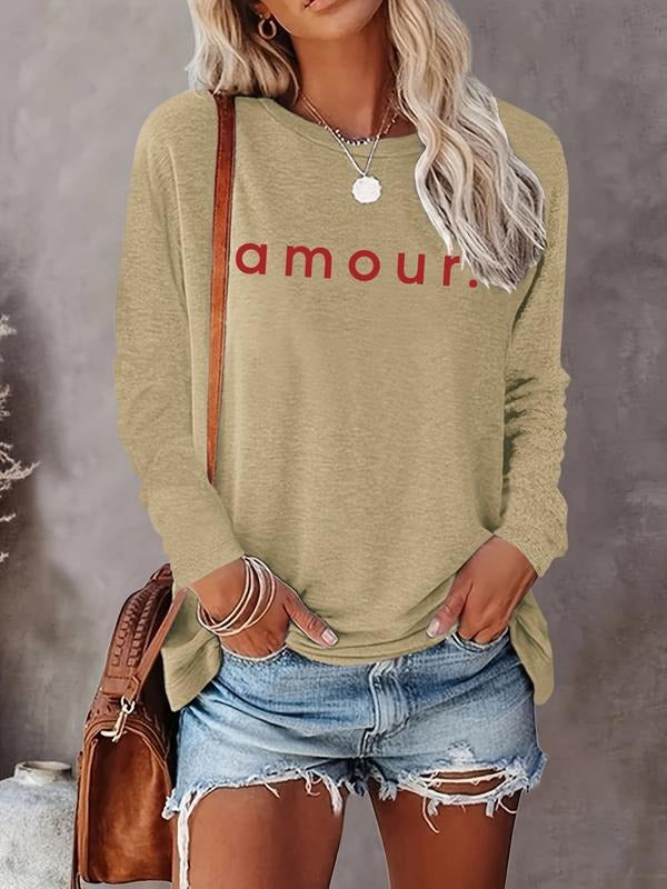 Women's Long Sleeve Letter Print Casual Fitted T-Shirt, Comfortable Fabric, Available in 8 Colors, Perfect for All...