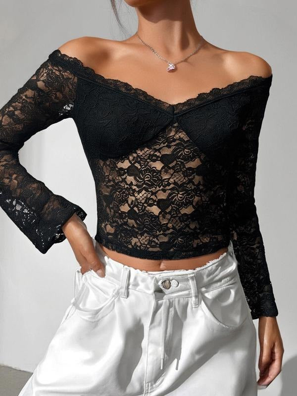 Women's Long Sleeve T-Shirt with Lace Detail, Lightweight Polyester Fabric for Spring Summer Casual Wear Hoodie, Sweatshirt