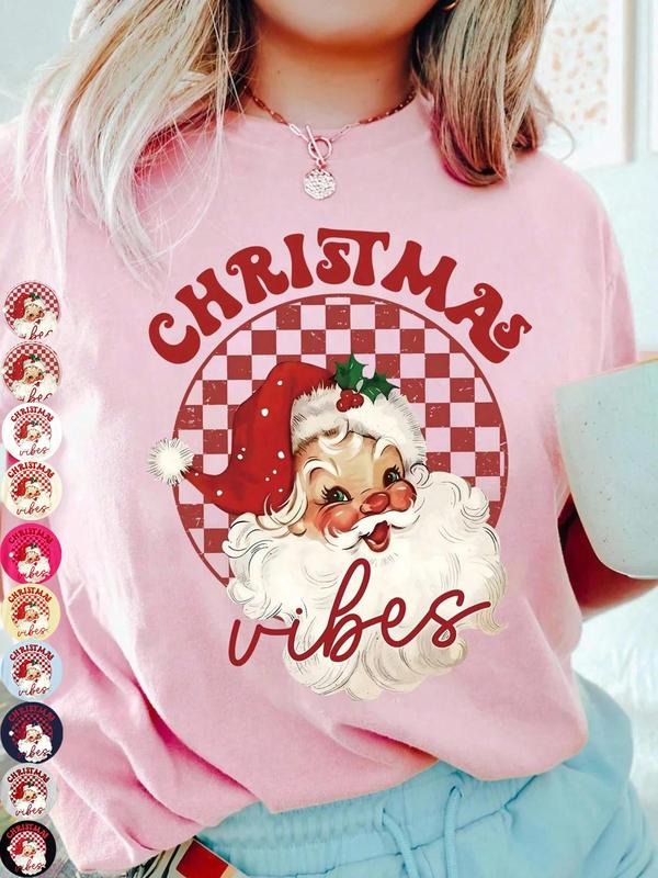 Women's Loose Fit Christmas Santa Letter Print Short Sleeve T-Shirt, Perfect for Family Friends Gatherings, Casual Style...