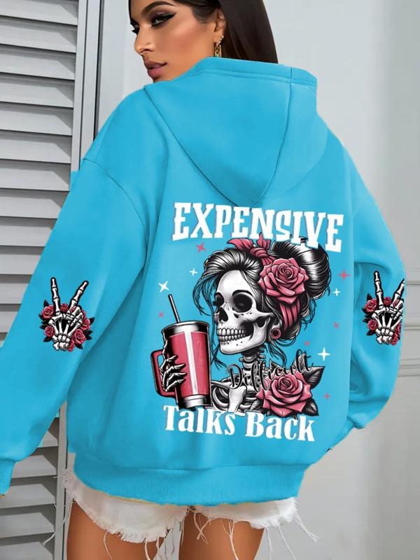 Women's Loose-Fit Hoodie Sweatshirt, Korean Style Thick Fabric, Skull & Letter Print, Casual Streetwear for Fall Winter...