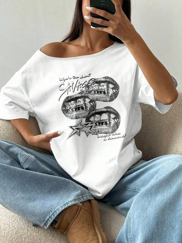 Women's Loose-Fit Wine Glass Print T-Shirt, Round Neck Short Sleeve Casual Top, Perfect for Daily Wear & Leisure...