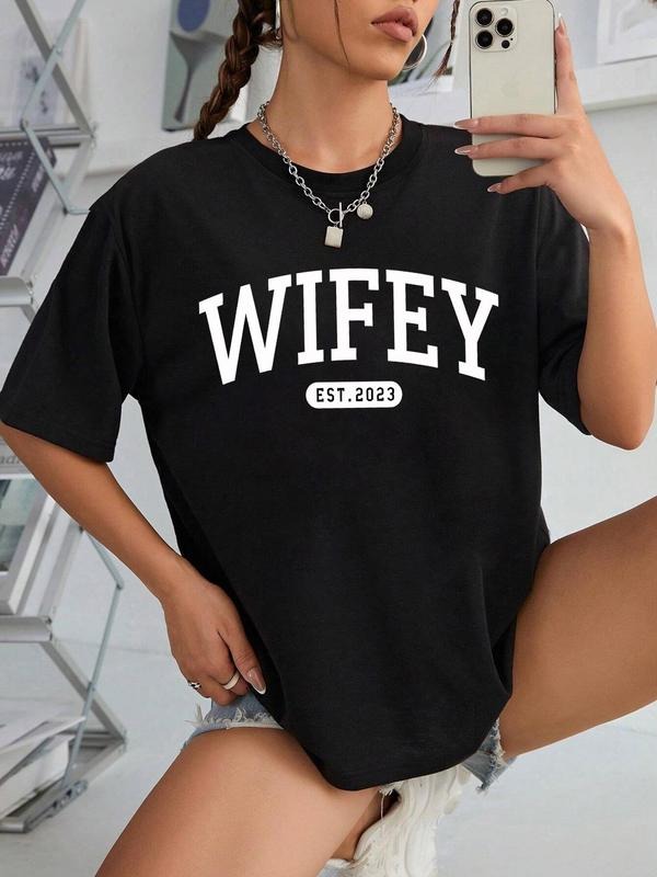 Women's Loose Letter Print Drop Shoulder Tee, T Shirts for Women, Casual Short Sleeve Round Neck T-shirt for Summer,...