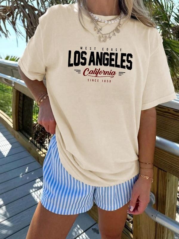 Women's Los Angeles Letter Print Round Neck Tee, Casual Short Sleeve Crew Neck T-shirt for Summer, Fashion Women's Top...