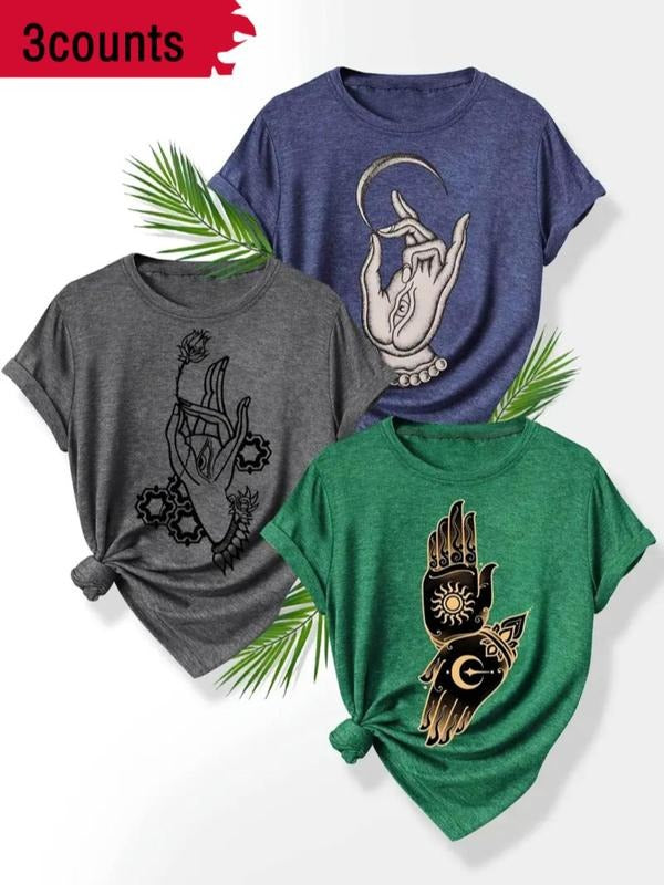 Women's Lotus & Hand & Letter Print Tee, Vintage Trendy Casual Short Sleeve T-shirt for Daily Wear, Ladies Summer Outfit...