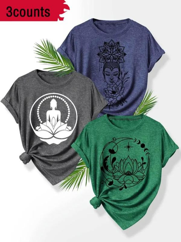 Women's Lotus & Letter Print Round Neck Tee, Casual Short Sleeve Crew Neck T-shirt for Summer, Fashion Women's Top for...