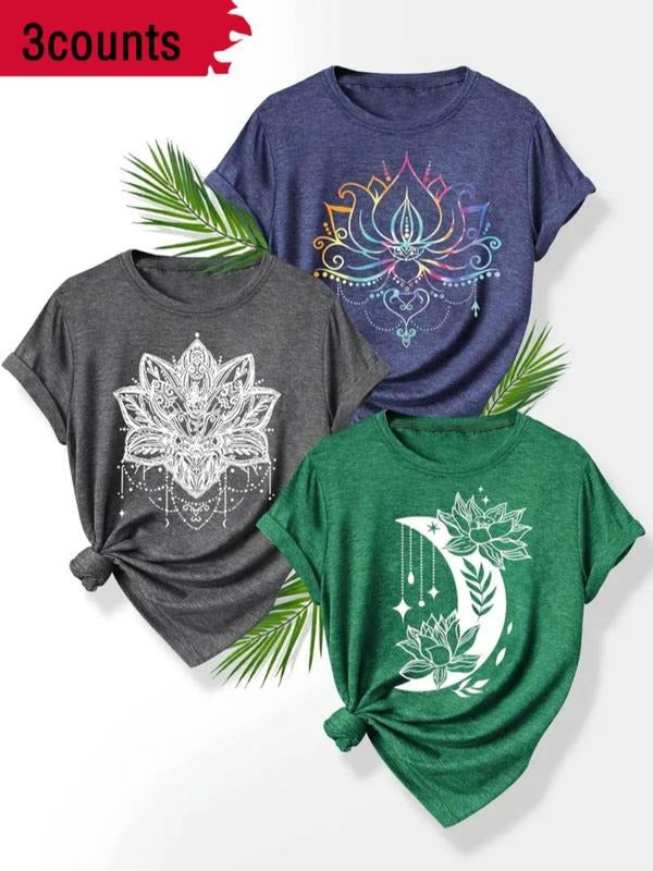 Women's Lotus & Mandala & Heart Print Round Neck Tee, Vintage Trendy Casual Letter Graphic Short Sleeve T-shirt for Daily...