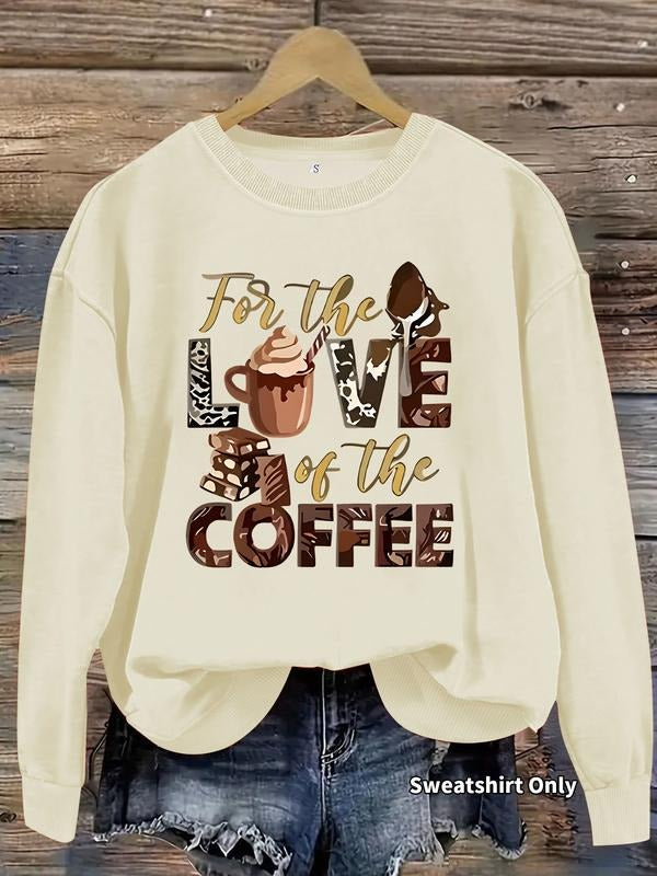 Women's Love Coffee Chocolate Milk Tea Pattern Round Neck Sweatshirt, Casual Fitted Pullover, Medium Stretch, All-Season...