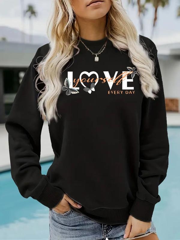 Women's Love Everyday Heart & Butterfly Pattern Round Neck Sweatshirt, Casual Fitted Pullover, Medium Stretch, All-Season...