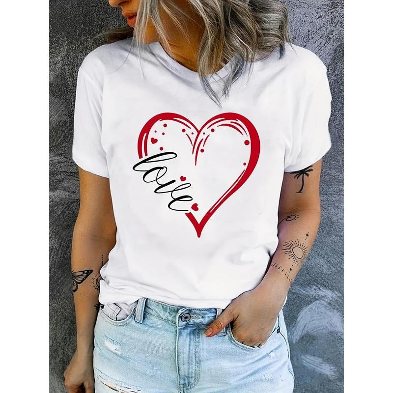 Women's Love Heart Print T-Shirt - Casual Crew Neck, Short Sleeve, Lightweight & Breathable