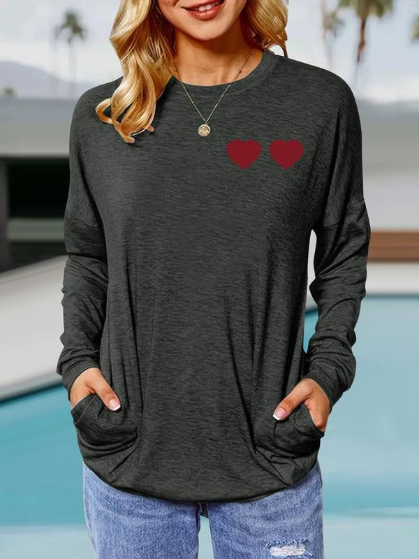 Women's Love Print Round Neck Long Sleeve Pullover, Casual Loose-Fit T-Shirt with Pockets, Comfortable Spring & Fall Wear...