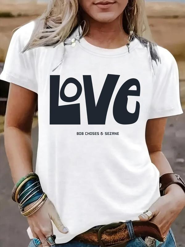 Women's Love Print Round Neck Tee, Vintage Trendy Casual Short Sleeve T-shirt for Daily Wear, Ladies Summer, Top Hoodie,...