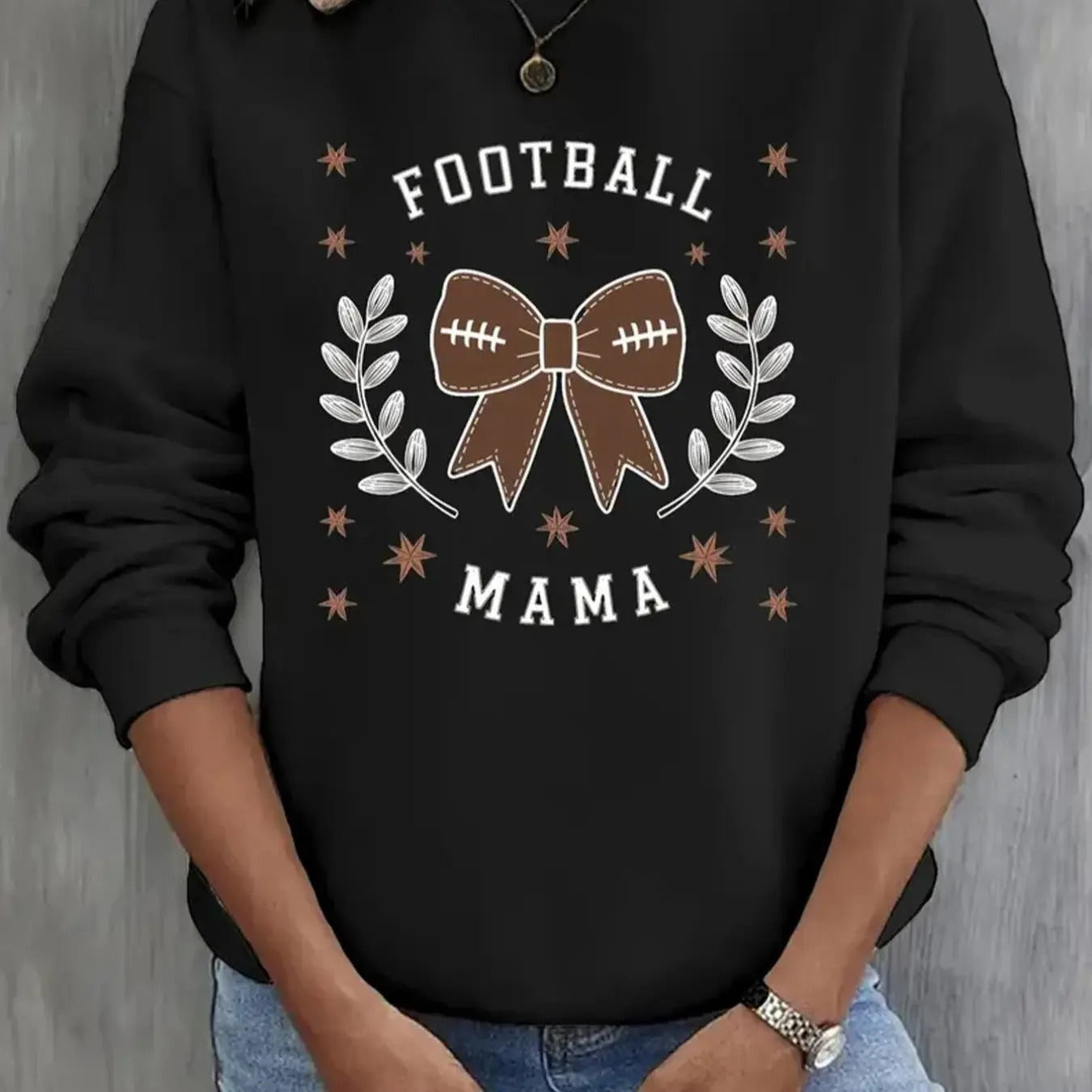 Women's MAMA Letters & Bow & Leaf Print Drop Shoulder Sweatshirt, Casual Long Sleeve Round Neck Pullover for Fall &...