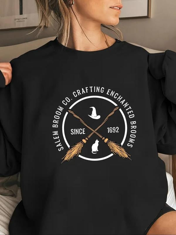 Women's Magic Broom Print Round Neck Sweatshirt, Casual Long Sleeve Crew Neck Pullover for Fall & Winter, Women's Clothes...