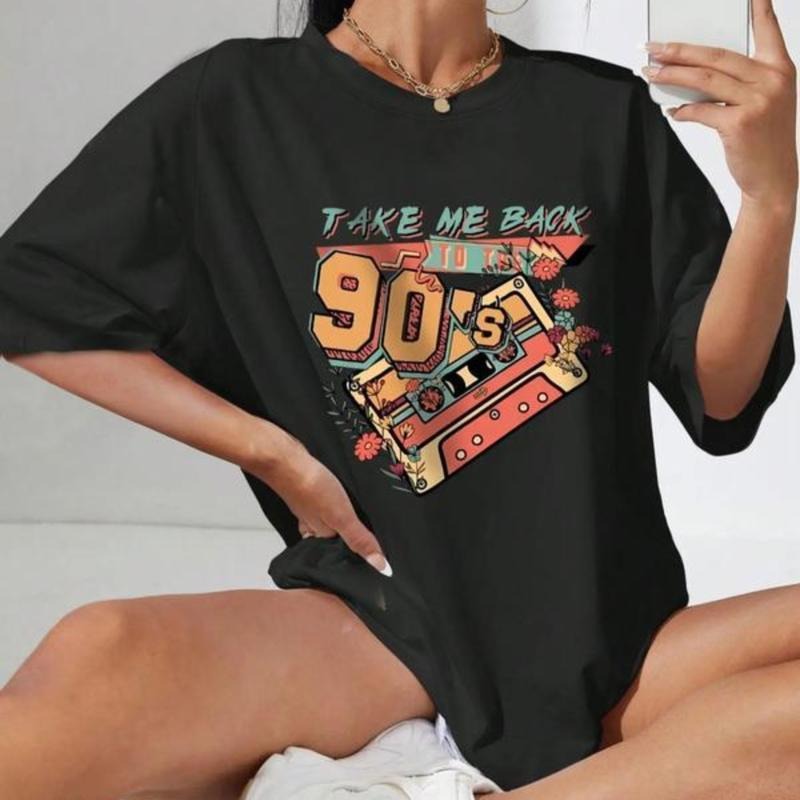 Women's Magnetic Tape & Letter Print Round Neck Tee, T Shirts for Women, Vintage Drop Shoulder Half Sleeve T-shirt, T...