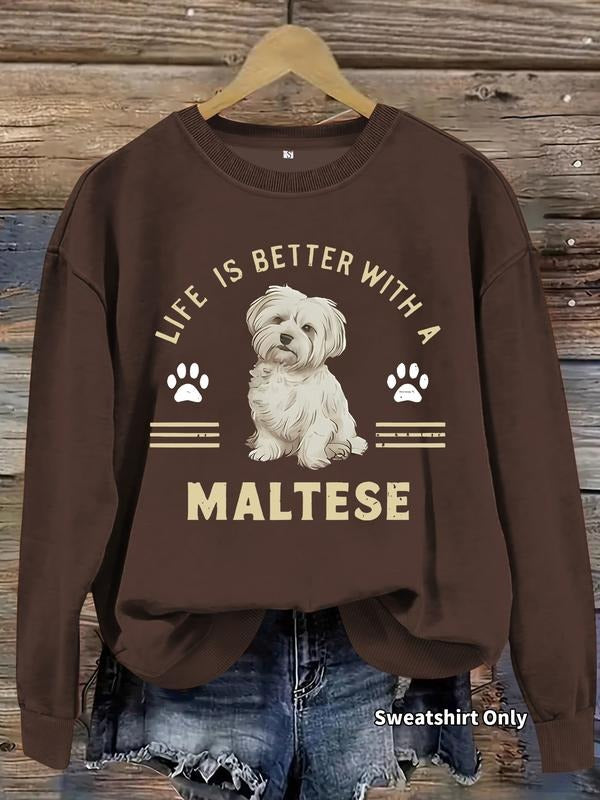 Women's Maltese Dog & Letter Print Crew Neck Sweatshirt, Casual Long Sleeve Pullover for Daily Wear, Ladies Clothes for...