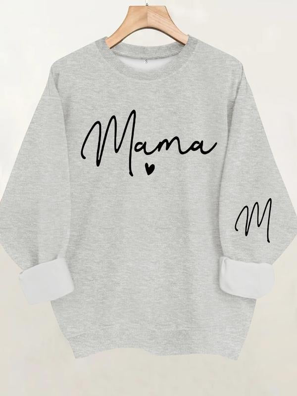 Women's Mama Heart Pattern Round Neck Sweatshirt, Casual Fitted Pullover, Medium Stretch, All-Season Comfort T-Shirts, Hoodie