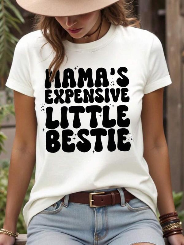 Women's Mama's Expensive Little Bestie Round Neck Graphic Tee, Vintage Trendy Casual Short Sleeve T-shirt for Daily Wear,...