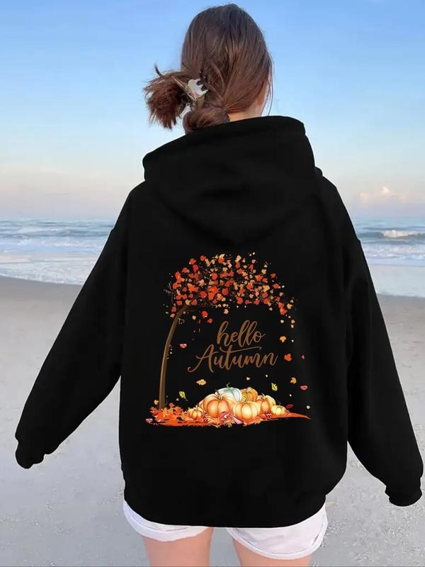 Women's Maple Leaf & Pumpkin Print Drop Shoulder Hoodie, Fashion Casual Drawstring Pocket Hooded Sweatshirt for Daily...