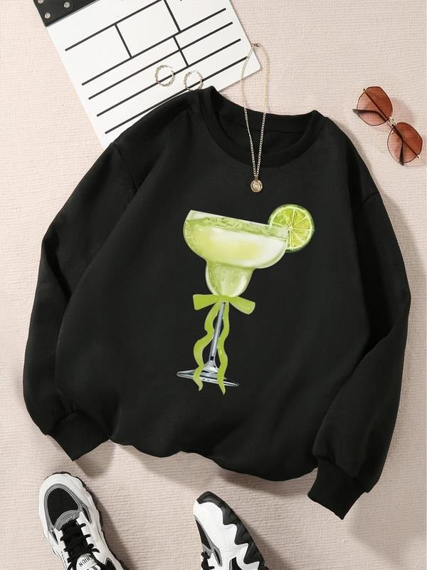 Women's Margarita Print Drop Shoulder Sweatshirt, Casual Long Sleeve Round Neck Pullover for Fall & Winter, Ladies...