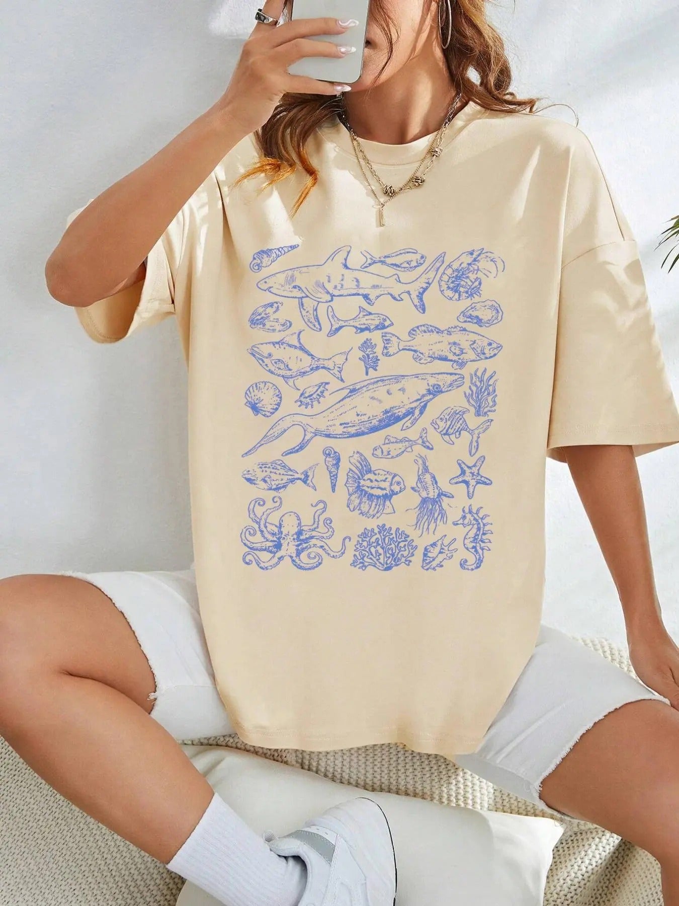 Women's Marine Animal Print Round Neck Tee, Casual Short Sleeve Crew Neck T-shirt for Summer, Fashion Women's Top for...