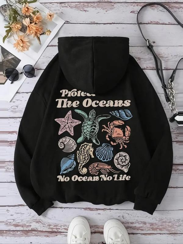 Women's Marine Letter Print Drawstring Pocket Hoodie, 2024 New Style Casual Long Sleeve Hooded Sweatshirt for Fall &...