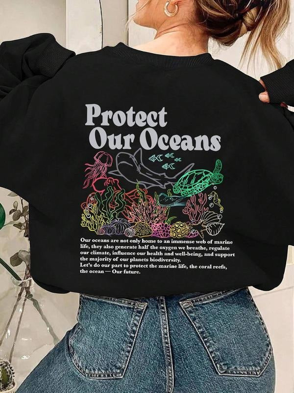 Women's Marine Life & Letter Print Crew Neck Sweatshirt, Casual Drop Shoulder Long Sleeve Pullover, Women's Fall & Winter...