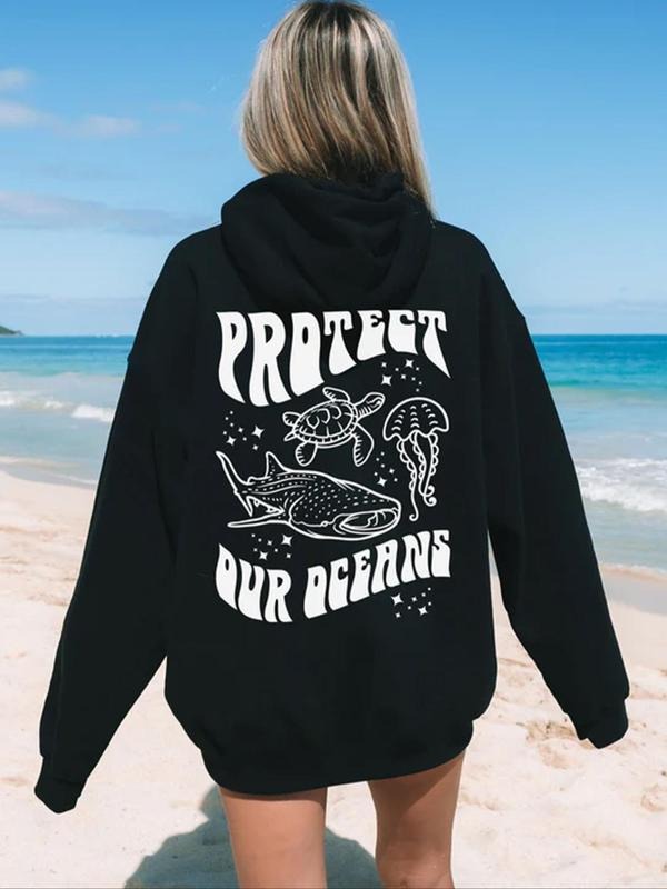 Women's Marine Life & Letter Print Thermal Lined Hoodie, Fashion Casual Drawstring Pocket Long Sleeve Hooded Sweatshirt...