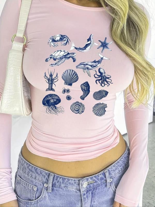 Women's Marine Life Print Round Neck Tee, Casual Long Sleeve Crew Neck T-Shirt for Spring & Fall, Fashion Women's Top for...