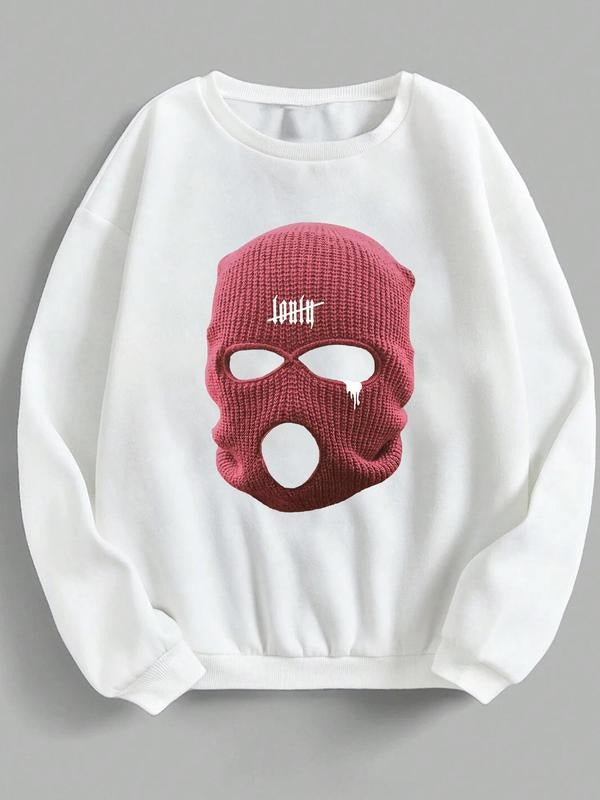 Women's Mask Print Drop Shoulder Sweatshirt, Casual Long Sleeve Round Neck Pullover for Fall & Winter, Women's Clothes...