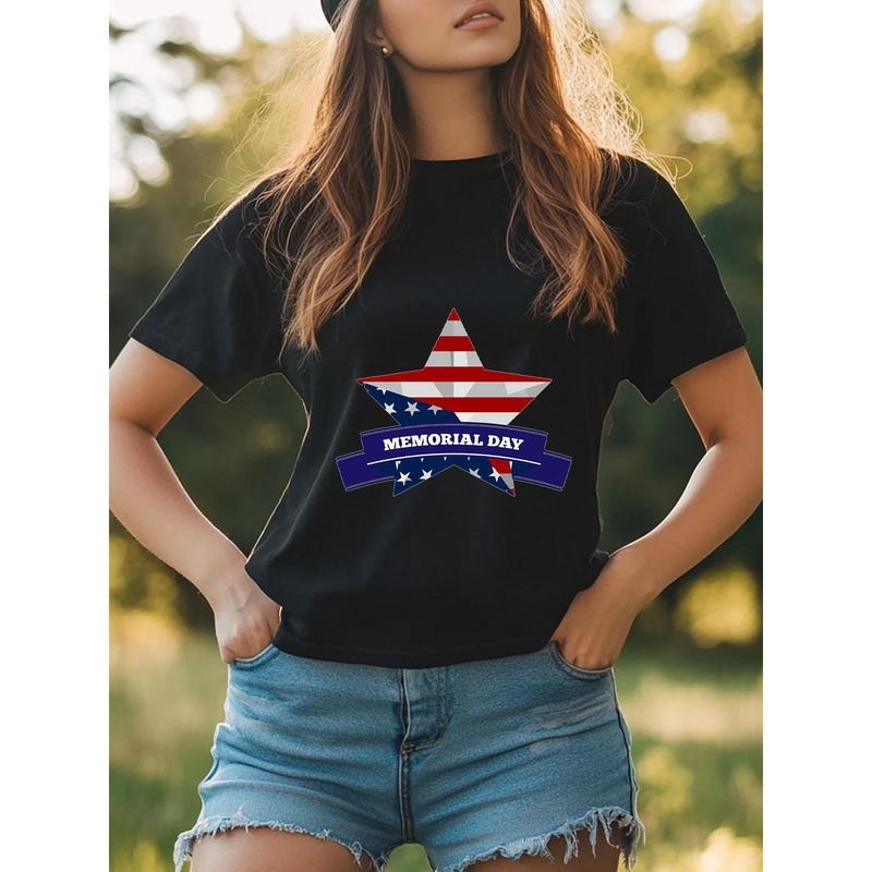 Women's Memorial Day Patriotic American Flag Graphic T-Shirt - Black Crew Neck Short Sleeve Casual Top, Large Size,...