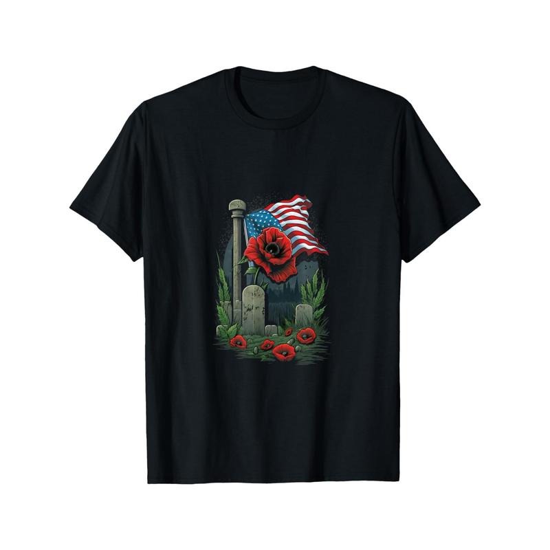 Women's Memorial Day USA Flag & Red Poppy T-Shirt