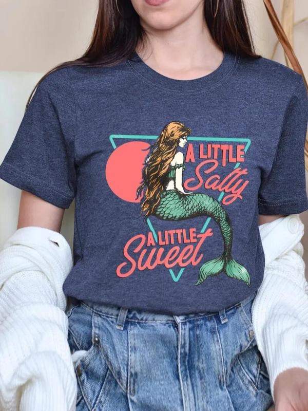 Women's Mermaid & Letter Print Round Neck Tee, Trendy Casual Crew Neck Short Sleeve T-shirt for Daily Wear, Ladies All...
