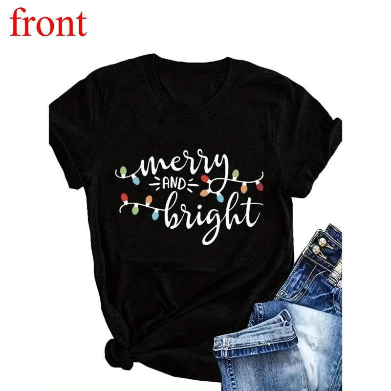Women's Merry And Bright Print T-Shirt, Casual Crew Neck Short Sleeve Top For Spring & Summer, Women's Plus Size Clothing...