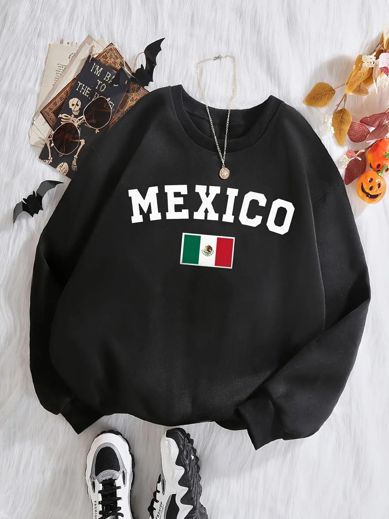 Women's Mexico Flag & Letter Print Crew Neck Sweatshirt, Sweatshirts for Women, Casual Long Sleeve Pullover for Fall &...