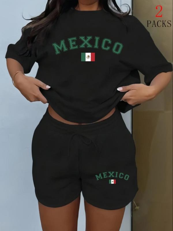 Women's Mexico Flag Print Crew Neck Tee & Shorts Set, Casual Short Sleeve T-shirt & Skinny Shorts, Women's Clothing for...