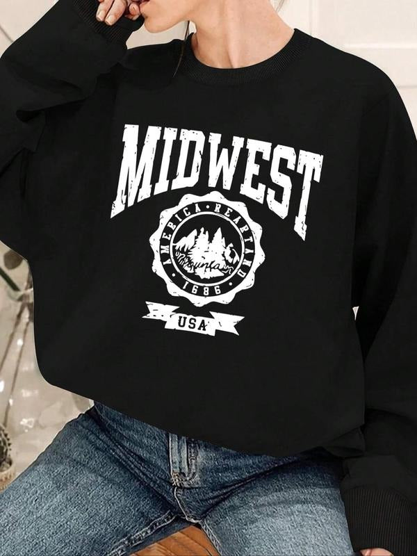 Women's Midwest Letter Print Drop Shoulder Sweatshirt, Casual Long Sleeve Round Neck Pullover for Fall & Winter, Women's...