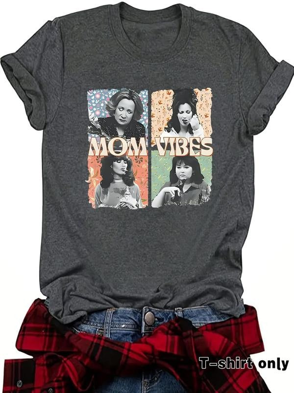 Women's Mom Vibes Round Neck Graphic Tee, Vintage Trendy Casual Short Sleeve T-shirt for Daily Wear, Ladies Outfit for...