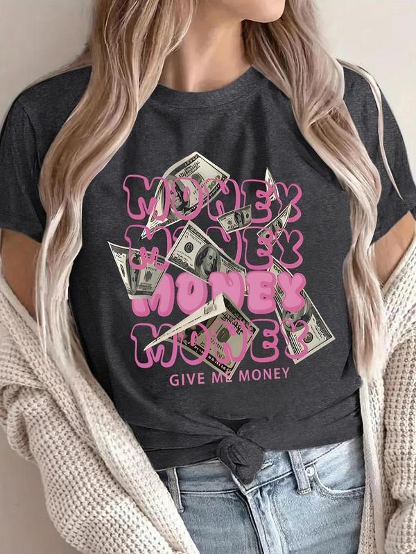 Women's Money Print Round Neck Tee, Fashion Casual Crew Neck T-Shirt for Daily Holiday Vacation Outdoor Wear, Ladies...