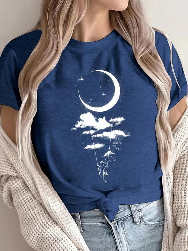 Women's Moon & Cloud Print Round Neck Tee, Trendy Casual Short Sleeve T-shirt for Daily Wear, Ladies Summer, Top Hoodie,...