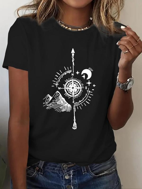 Women's Moon & Compass Print  Round Neck Tee, Short Sleeve T-shirt for Summer, Casual Women's Top for Daily Wear Hoodie,...