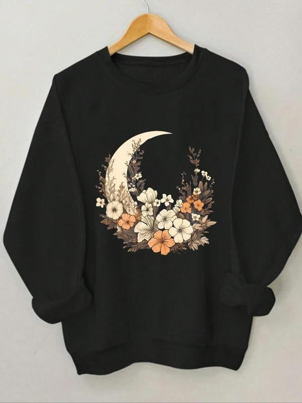 Women's Moon & Floral Print Round Neck Sweatshirt, Casual Long Sleeve Crew Neck Pullover for Spring & Fall, Fashion...