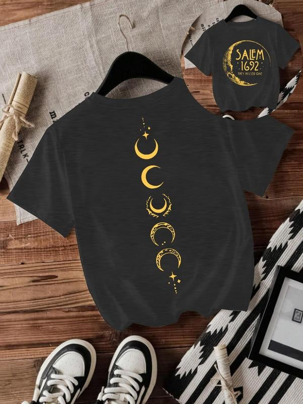 Women's Moon & Letter Print Round Neck Tee, Casual Short Sleeve Crew Neck T-Shirt for Summer, Fashion Women's Top for...