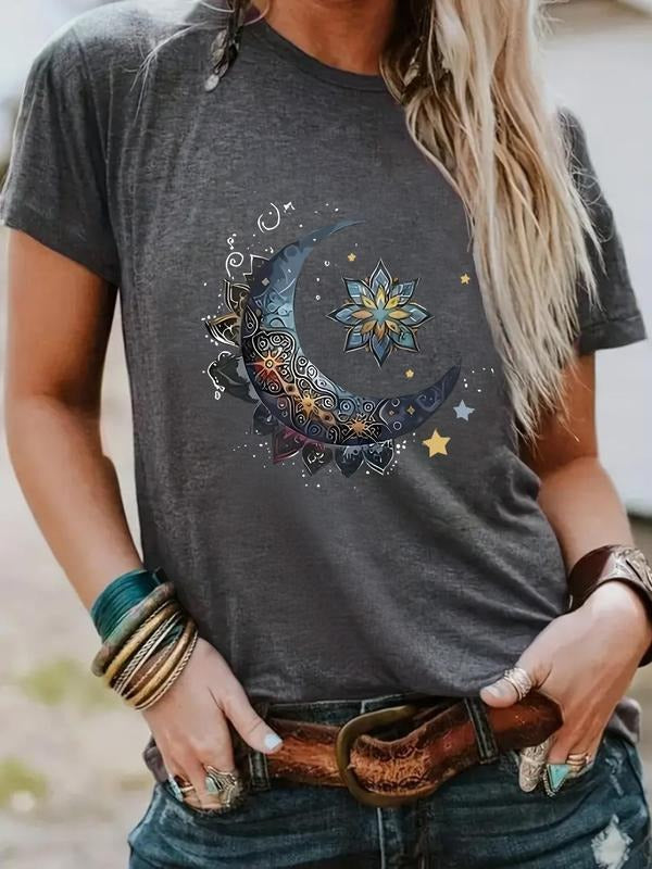 Women's Moon & Lotus Print Round Neck Tee, Casual Short Sleeve Crew Neck T-shirt for Summer, Fashion Women's Top for...