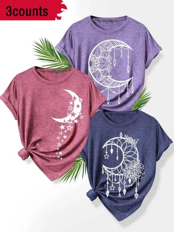 Women's Moon & Stars Print Round Neck Tee, Casual Short Sleeve T-shirt for Summer, Ladies Clothes for Daily Wear Hoodie,...